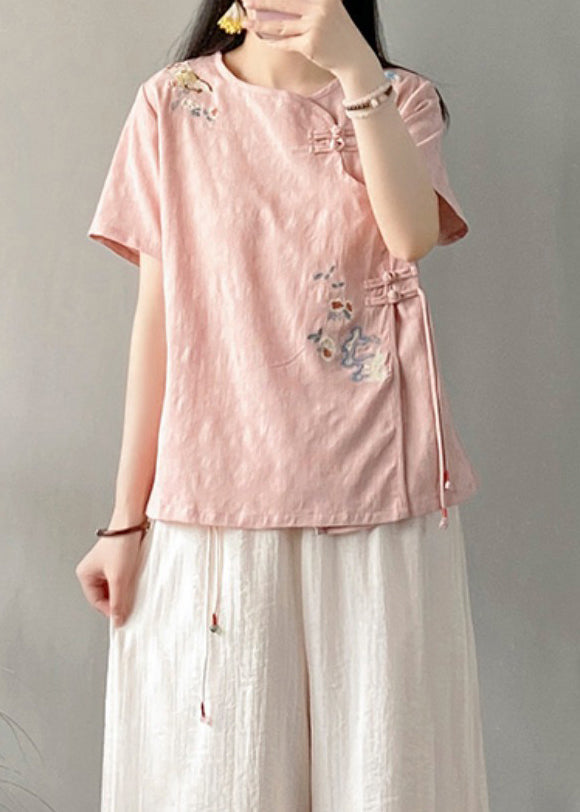 Pink Embroideried Chinese Button Patchwork Linen Top Summer