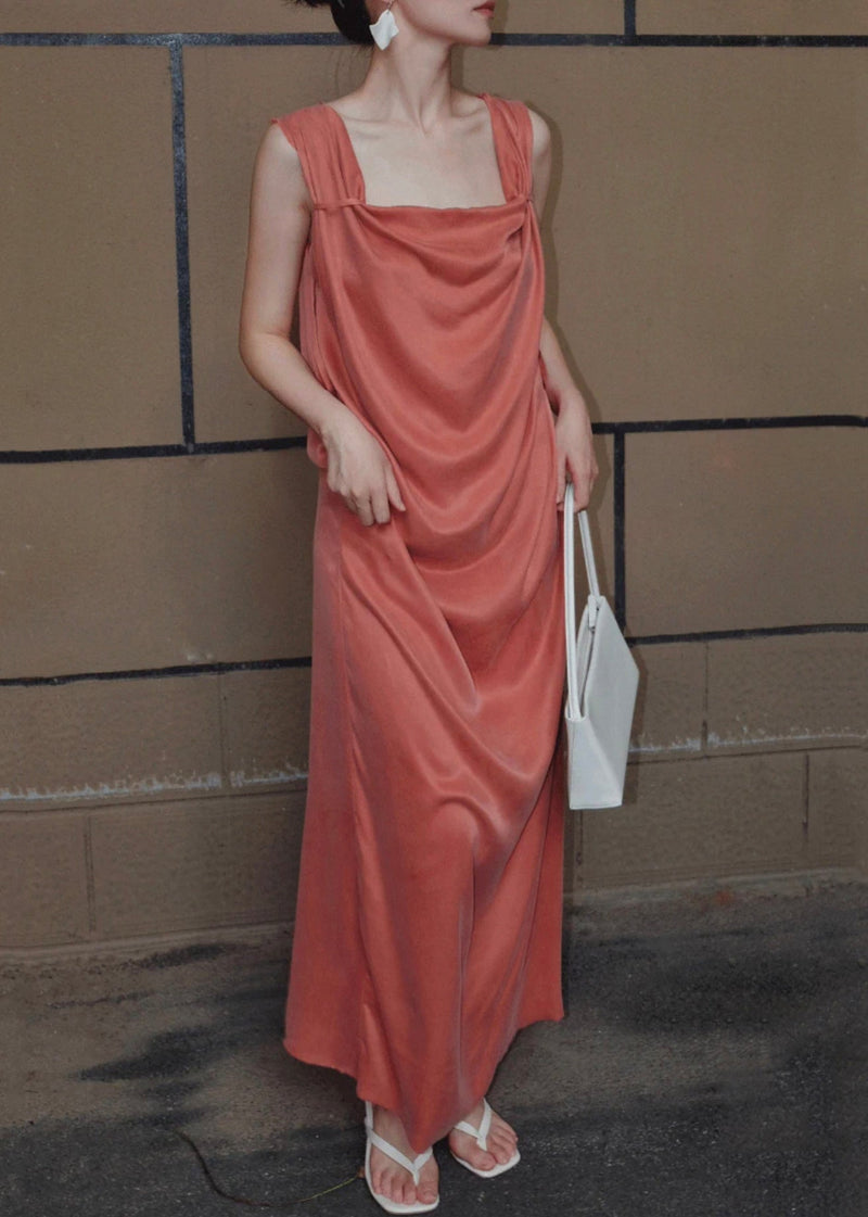 Orange Lace Up Silk Long Dresses Sleeveless Summer