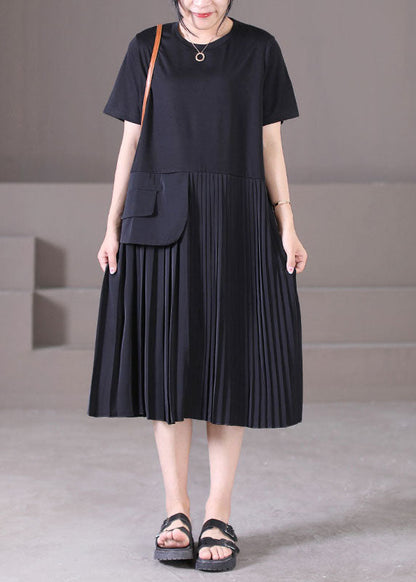 Style Black O-neck Wrinkled Patchwork Chiffon Pleated Dresses Short Sleeve