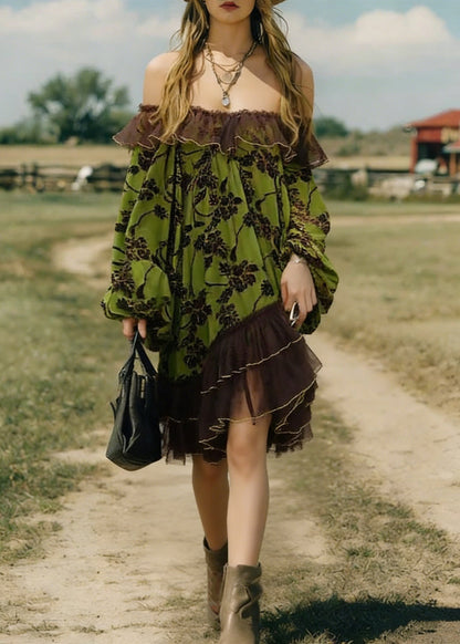 Green Flocking Print Tulle Patchwork Mid Dress Lantern Sleeve