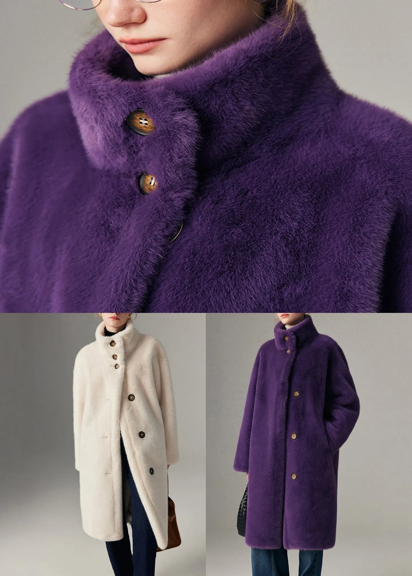 Purple Button Pockets Leather and Fur Coats Stand Collar
