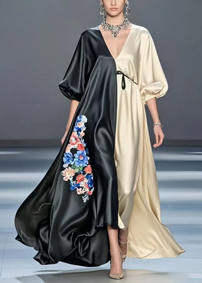 Colorblock Patchwork Silk Maxi Dresses Oversized Print Spring