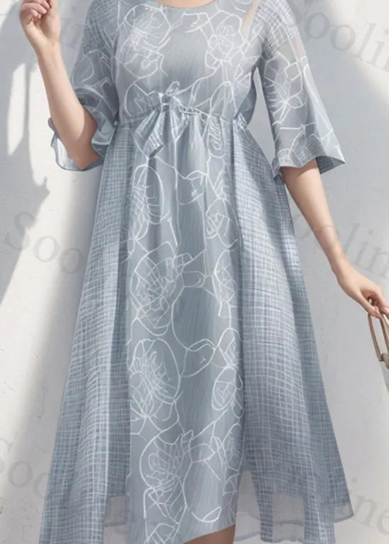 Loose Light Blue O Neck Print Wrinkled Silk Dress Summer