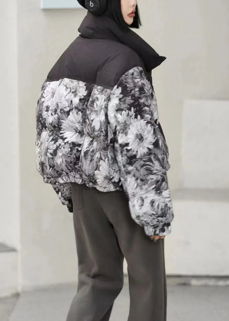 Black Oversized Print Duck Down Puffer Jacket Winter