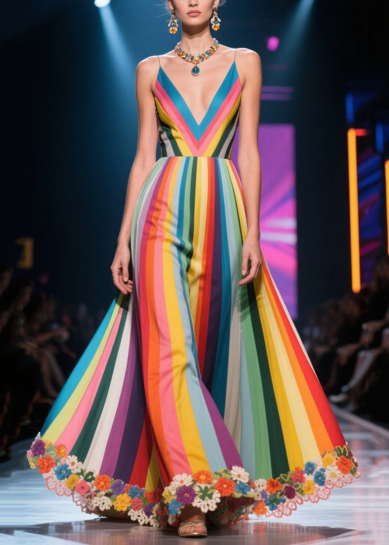 Multicolour Striped Flower Decorated Exra Large Hem Dinner Dresses Summer