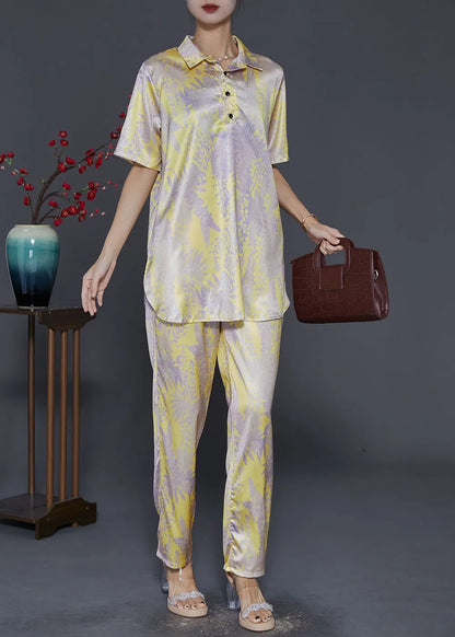 Yellow Peter Pan Collar Print Silk Two-piece Set Fall
