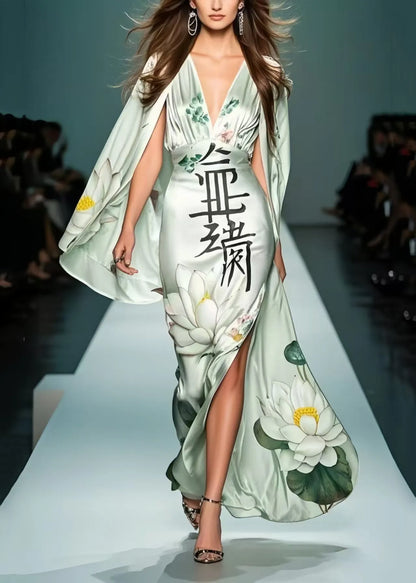 Fine Green Print Side Open Silk Robe Dresses Cloak Sleeves