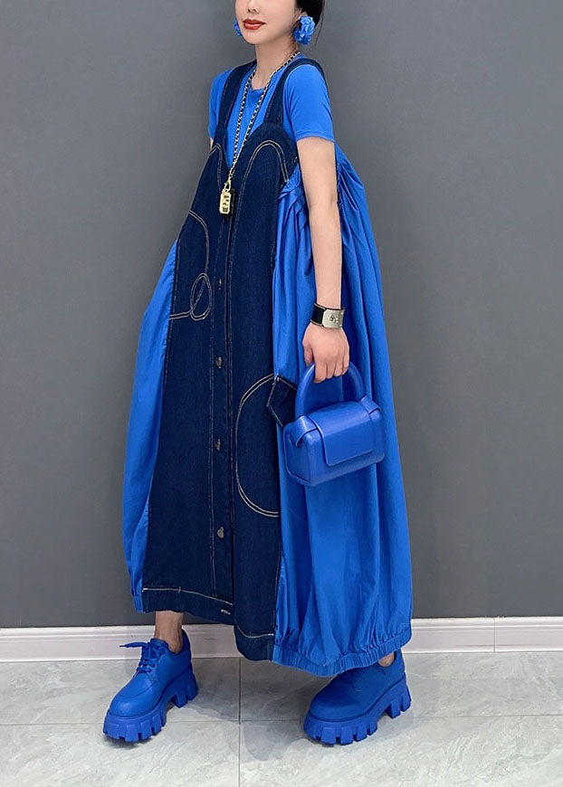 Blue Oversized Patchwork Cotton Denim Strap Dress Summer