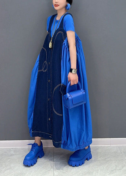 Blue Oversized Patchwork Cotton Denim Strap Dress Summer