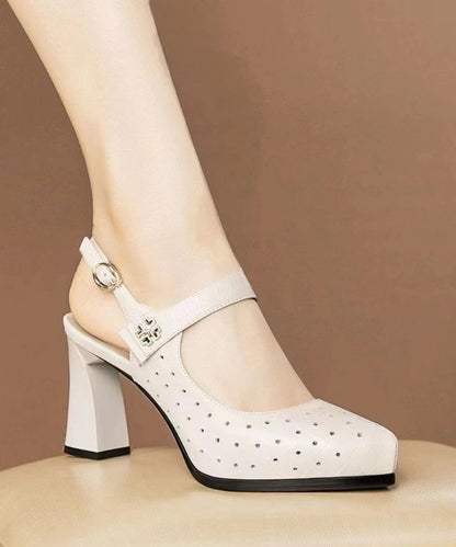 Beige Chunky Heel Cowhide Leather Hollow Out Sandals