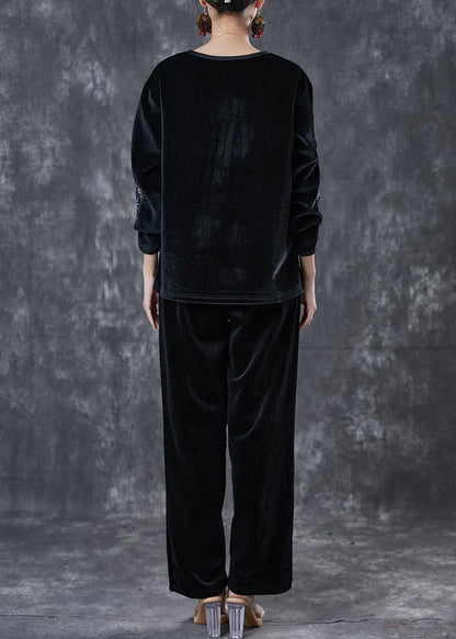 Loose Black O-neck Embroideried Silk Velour Two Piece Suit Set Spring
