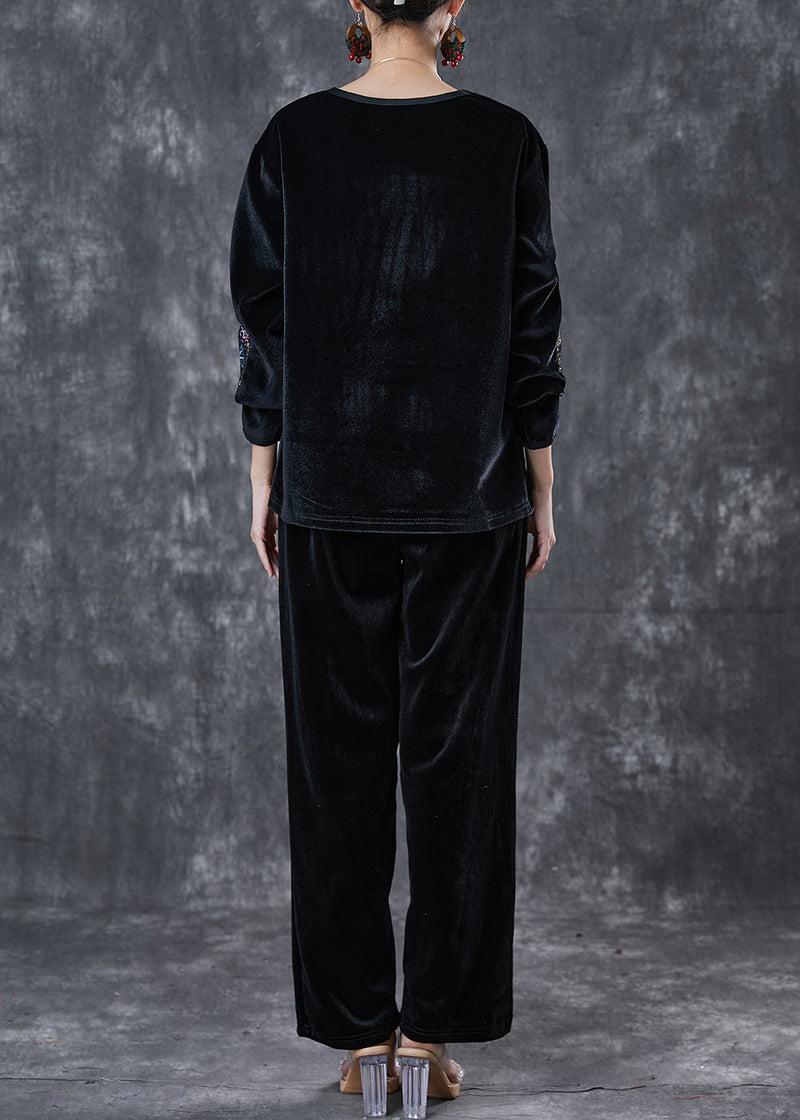 Loose Black O-neck Embroideried Silk Velour Two Piece Suit Set Spring