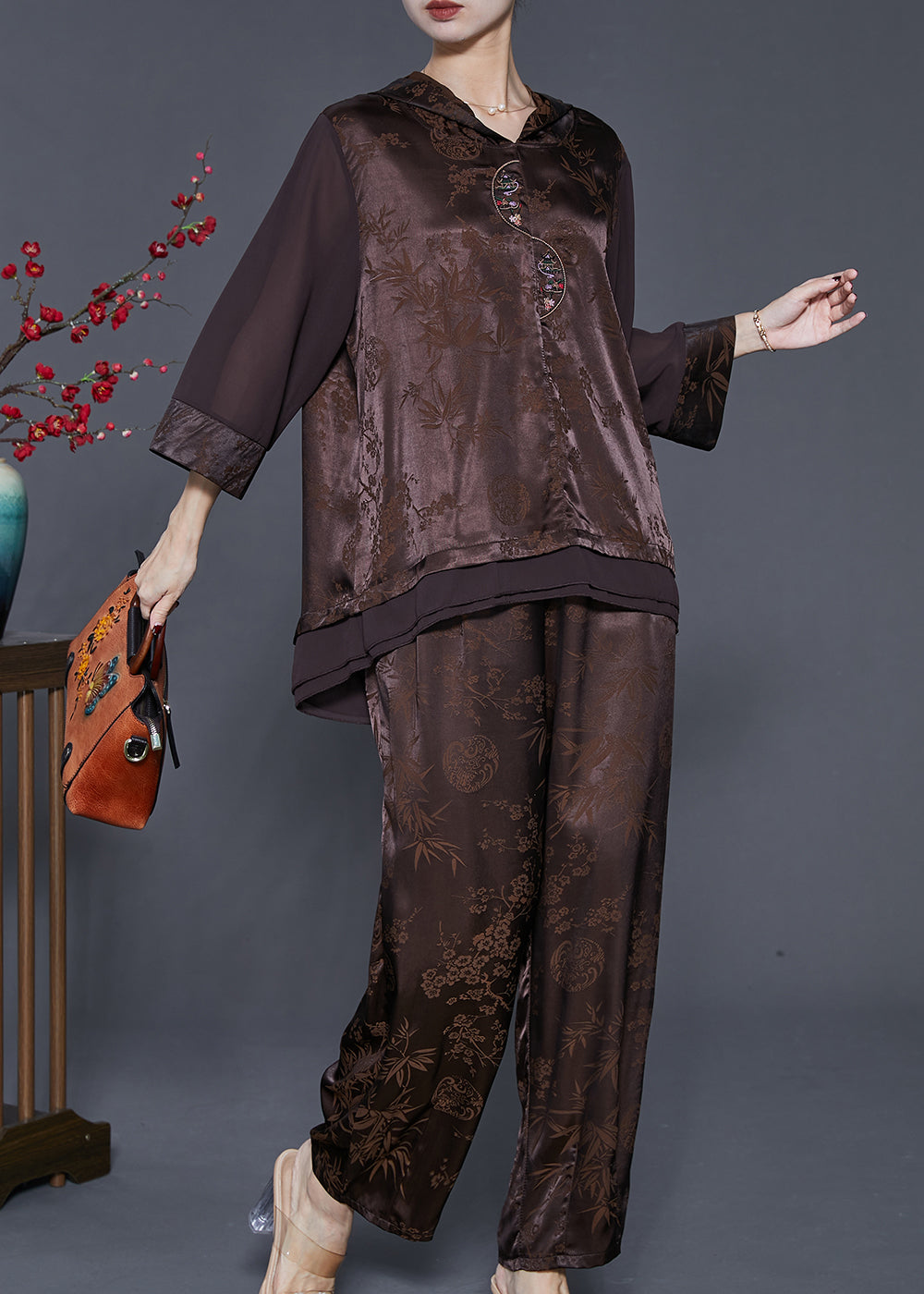 Art Chocolate Jacquard Oversized Patchwork Silk Sets 2 Pieces Spring