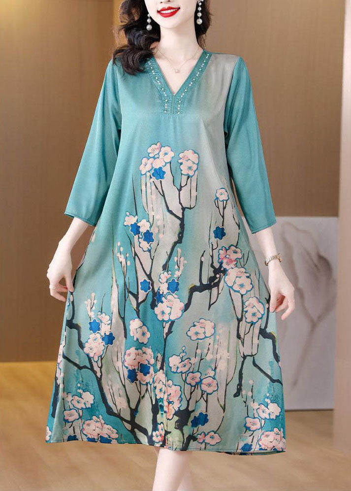 Sky Blue V Neck Print Silk Dresses Bracelet Sleeve