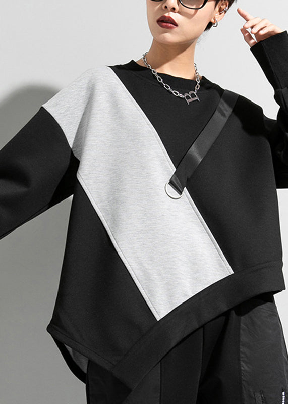 Brief Black Grey O-neck Asymmetrical Patchwork T Shirt Long Sleeve