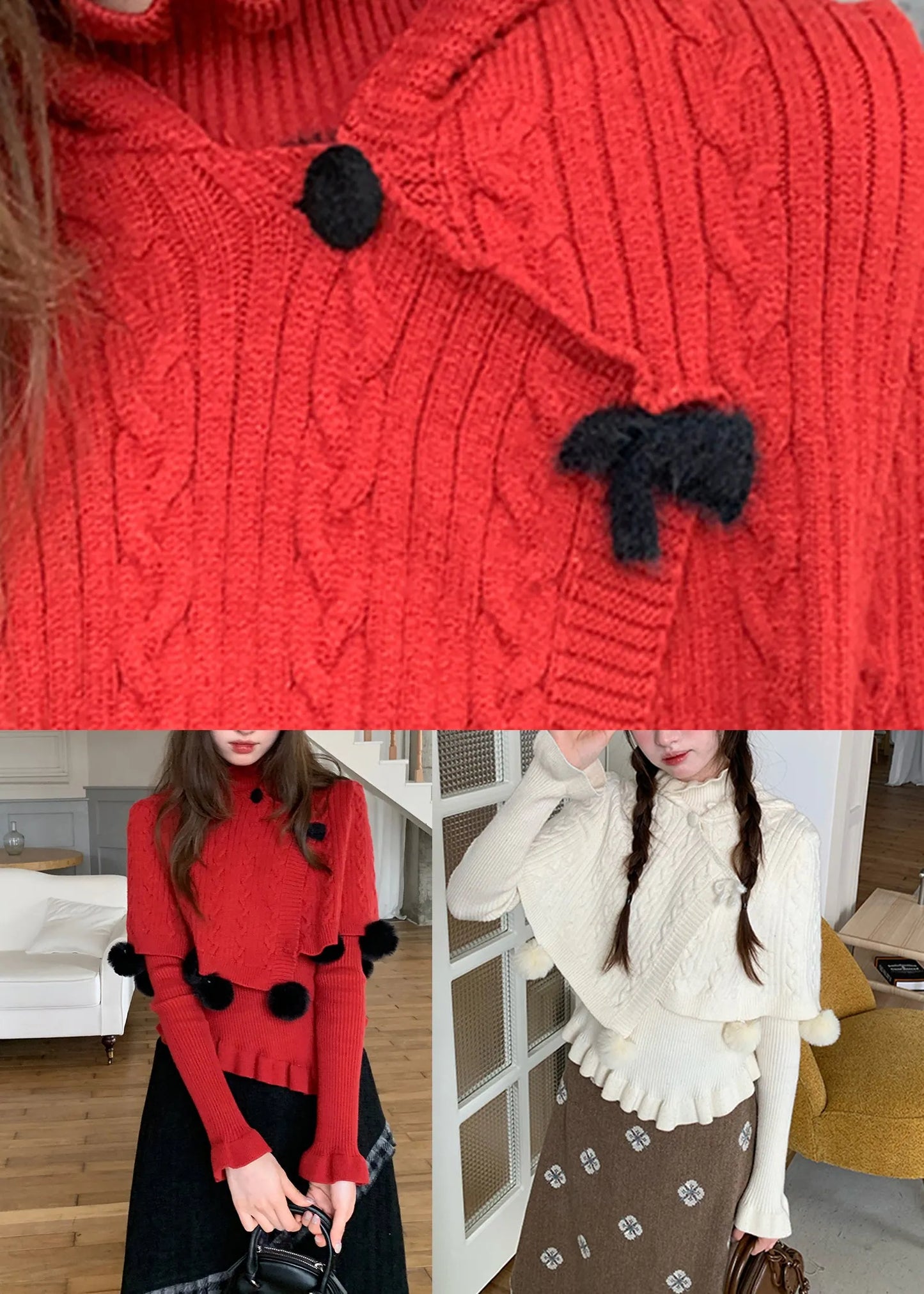 French Red Fuzzy Ball Decorated Cotton Knit Cloak and Sweaters Two-piece Set Fall