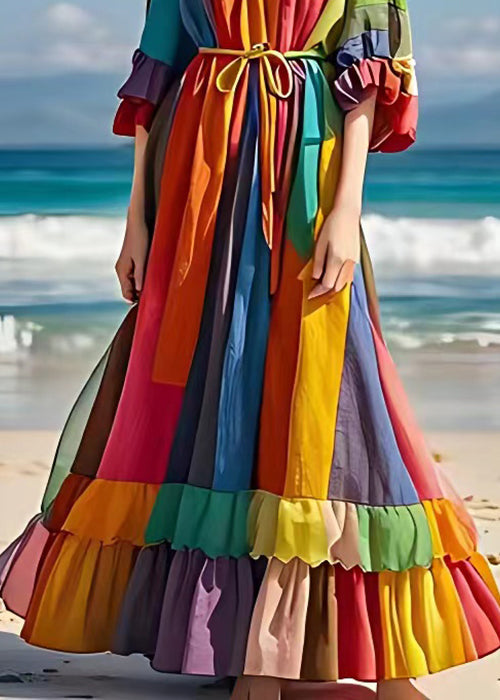 Rainbow Tie Waist Wrinkled Cotton Maxi Dresses Half Sleeve