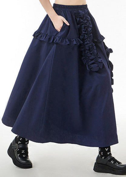 Blue Loose a Line Skirts Ruffled Elastic Waist Spring