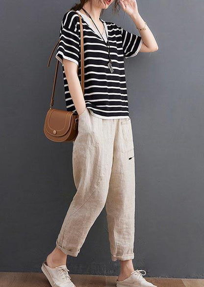 Black Striped V Neck Cotton Linen Summer Tee