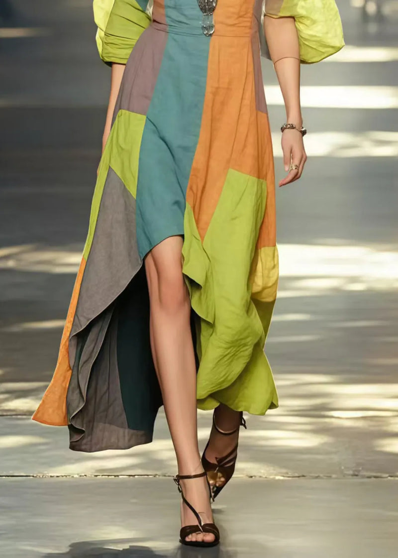 Colorblock Cotton Holiday Dress Cold Shoulder Asymmetrical Design Summer