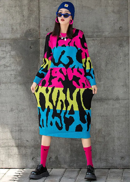 Rose O-neck Loose Knit Fall Straight Maxi Dress Long Sleeve