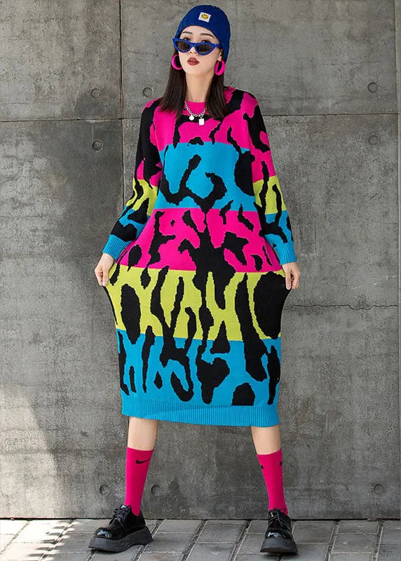 Rose O-neck Loose Knit Fall Straight Maxi Dress Long Sleeve