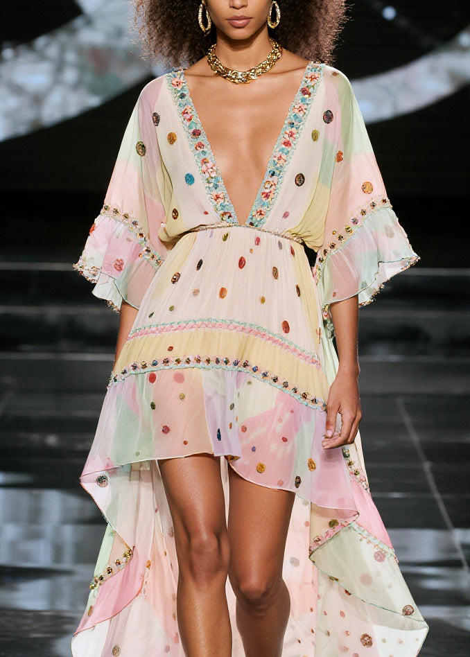 V Neck Print Low High Design Chiffon Dresses Summer