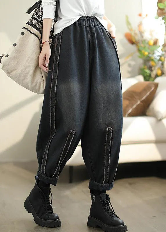 Black Pockets Elastic Waist Warm Fleece Pants Spring