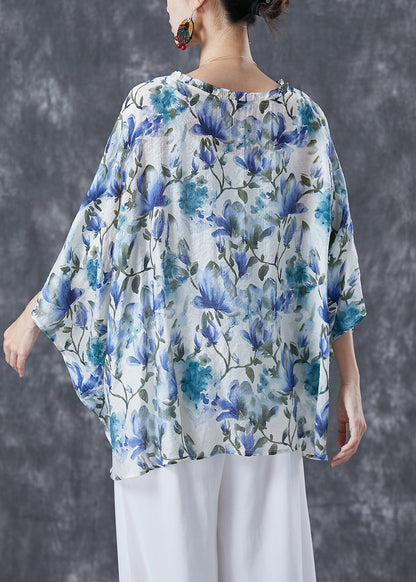 Blue Ruffled Print Cotton Shirt Tops Batwing Sleeve