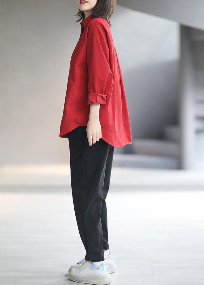 Red Peter Pan Collar Patchwork Cotton Shirts Fall