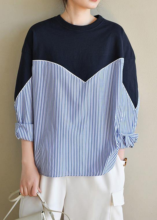 Fitted Navy Patchwork Striped Long Sleeve Spring Blouses