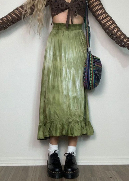 Green Wrinkled Patchwork Print Cotton Skirt Spring