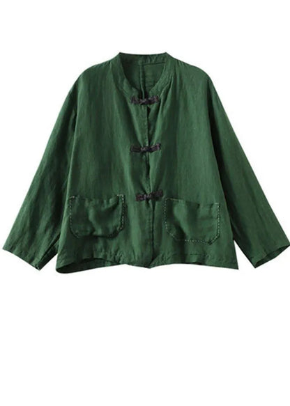 Boutique Green Stand Collar Embroideried Patchwork Linen Coat