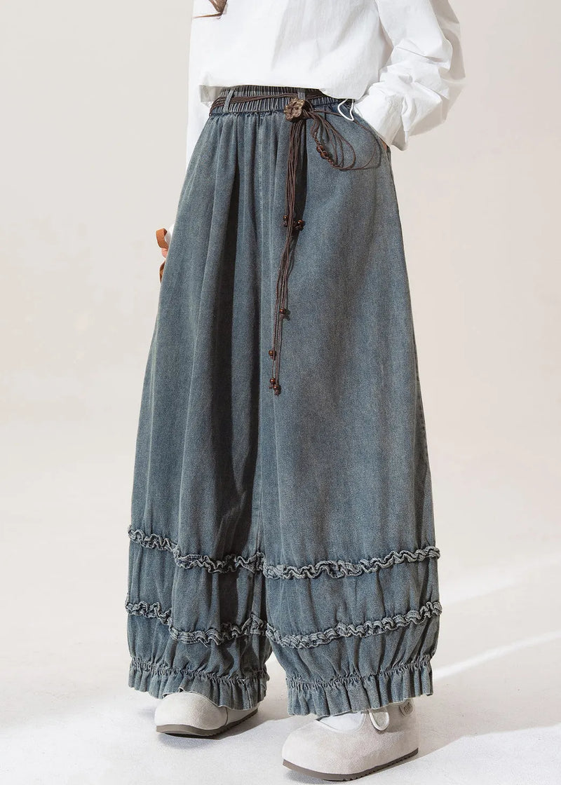 Nostalgic Blue Patchwork Elastic Waist Wide Leg Jeans