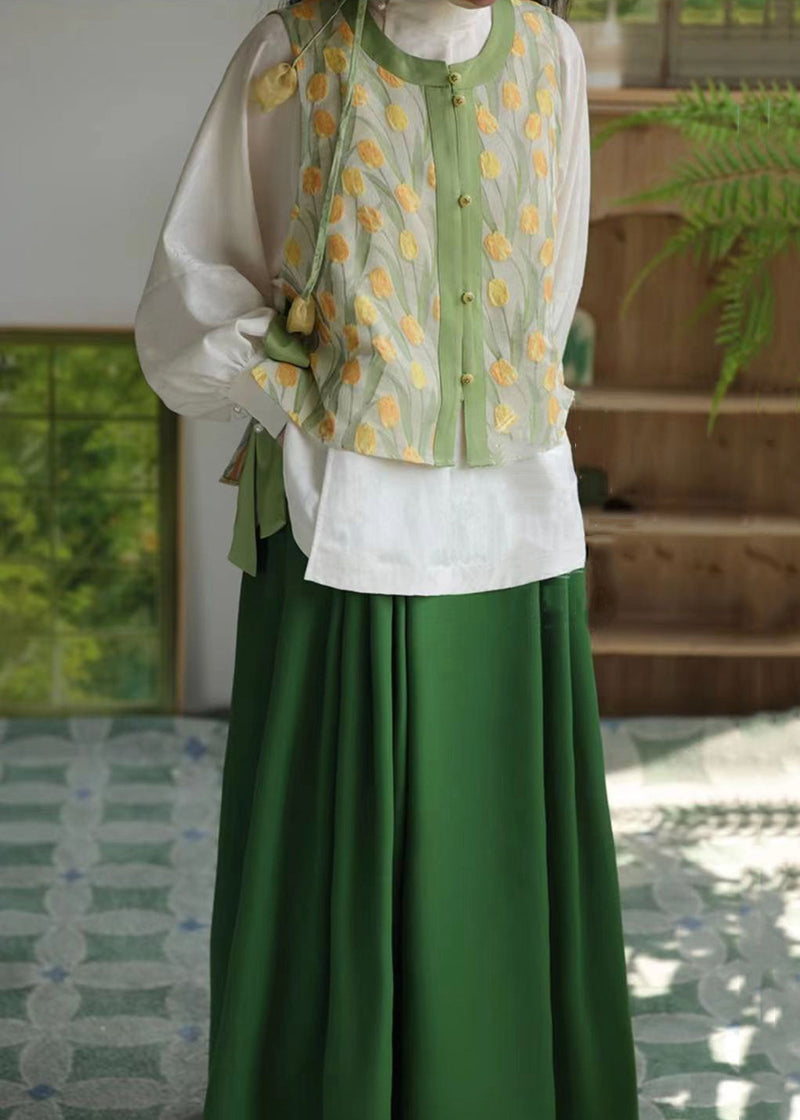 Chinese Style Green Button Lace Up Patchwork Three Piece Set Fall