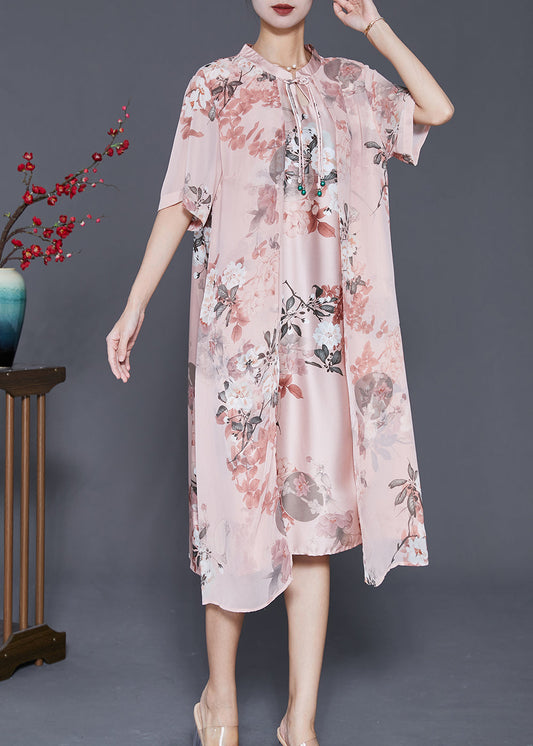 Pink Tasseled Print Silk Maxi Dress Summer
