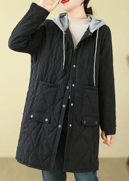 Black Pockets Fine Cotton Filled Hooded Coat Winter