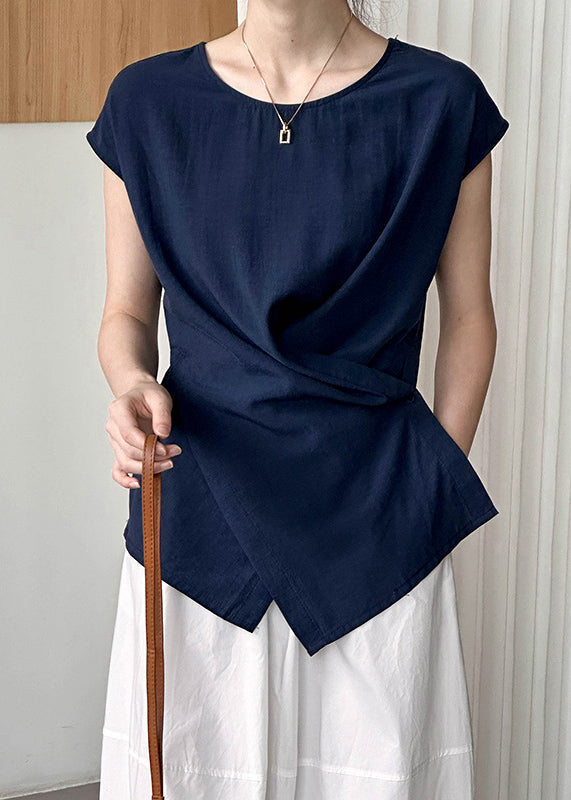 Navy O-neck Asymmetrical Top Mmer