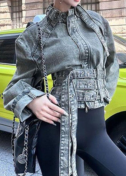 Blue Stand Collar Asymmetrical Patchwork Denim Coat Spring