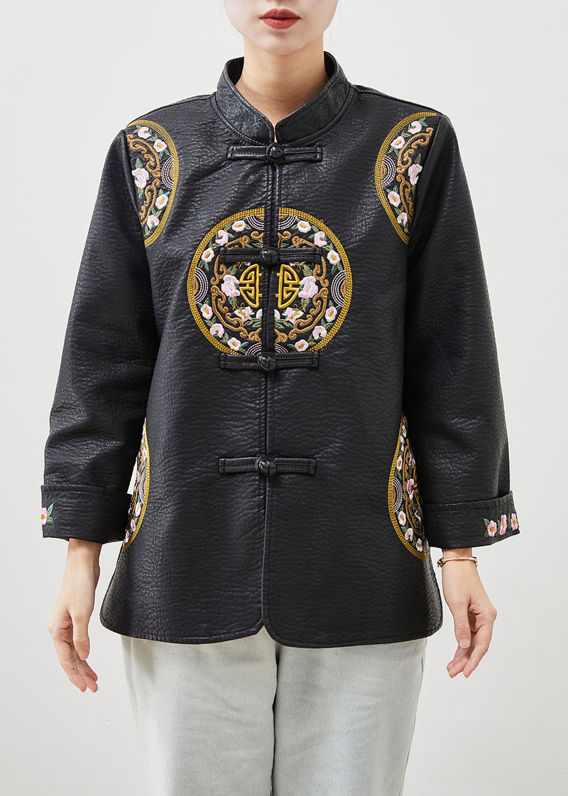 Black Embroideried Chinese Button Faux Leather Coat Spring