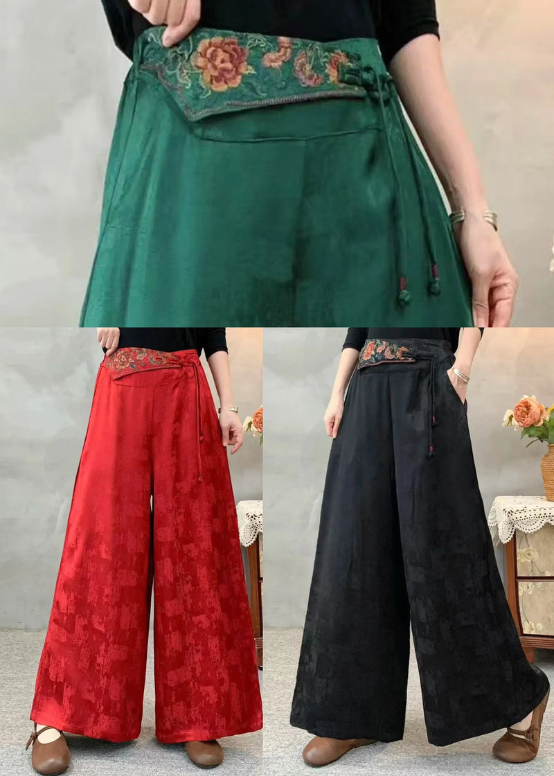 Black Jacquard Silk Straight Pants Embroidered Spring