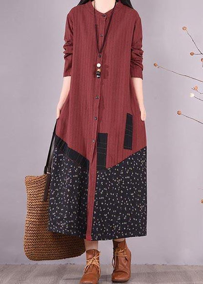 Red Patchwork Print Dress O Neck Pockets Traveling Spring Dresses