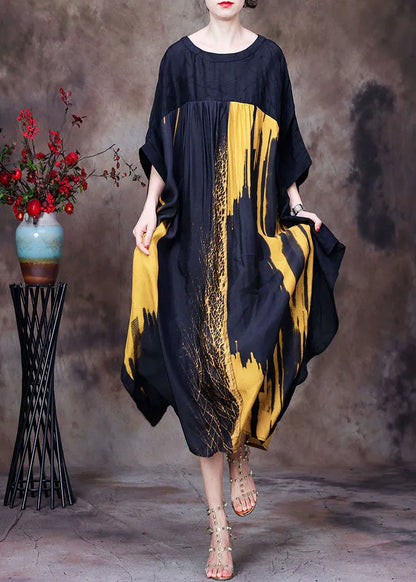Yellow Print Chiffon Loose Beach Dresses O-neck Wrinkled Batwing Sleeve
