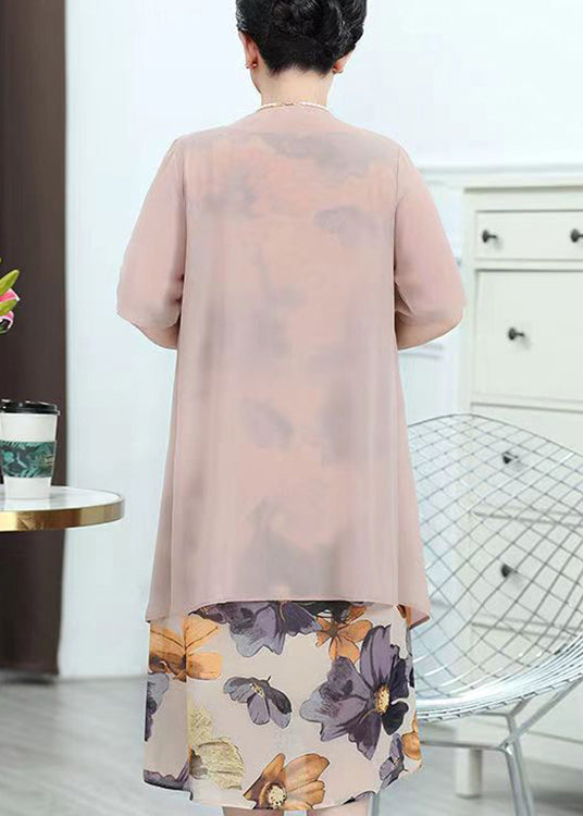 Pink O-neck Print Patchwork Chiffon Two Piece Suit Summer