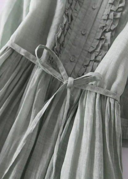 Green Ruffled Button Tie Waist Cotton Long Dress Half Sleeve