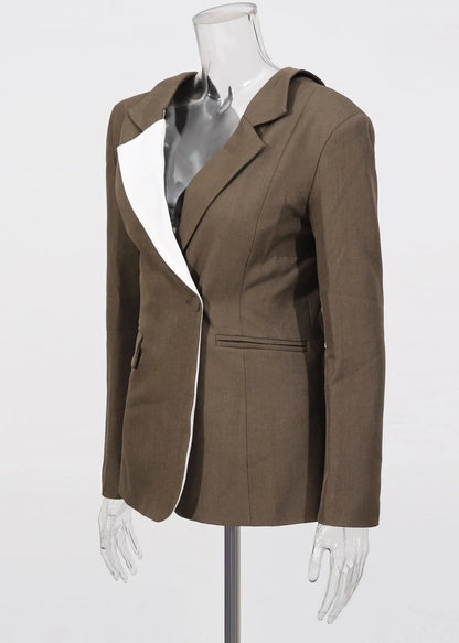 Brown Peter Pan Collar Patchwork Suit Coats Fall