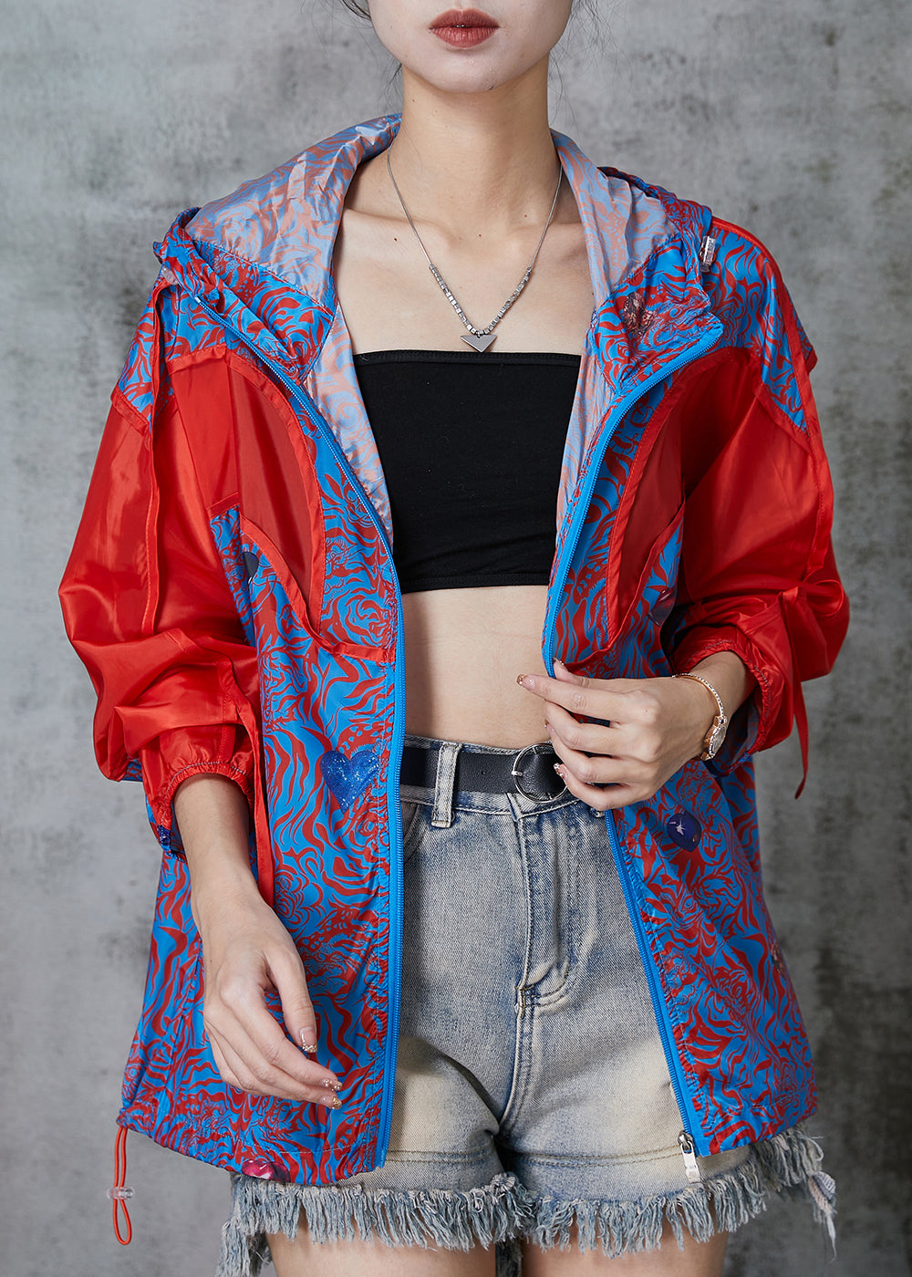 Blue Oversized Patchwork Spandex Coat Spring