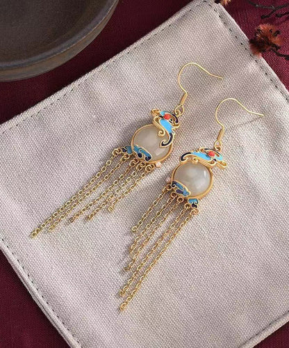 Yellow Jade Cloisonne Gem Stone Butterfly Tassel Drop Earrings
