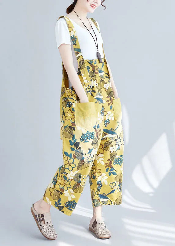 Yellow Pockets Print Denim Crop Wide Leg Jumpsuit Spring