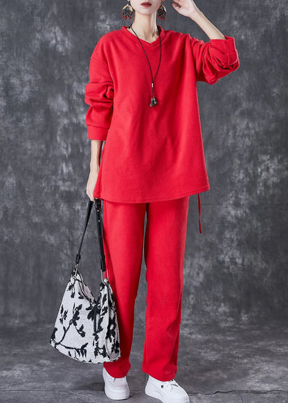 Red Oversized Drawstring Velour Sets 2 Pieces Fall